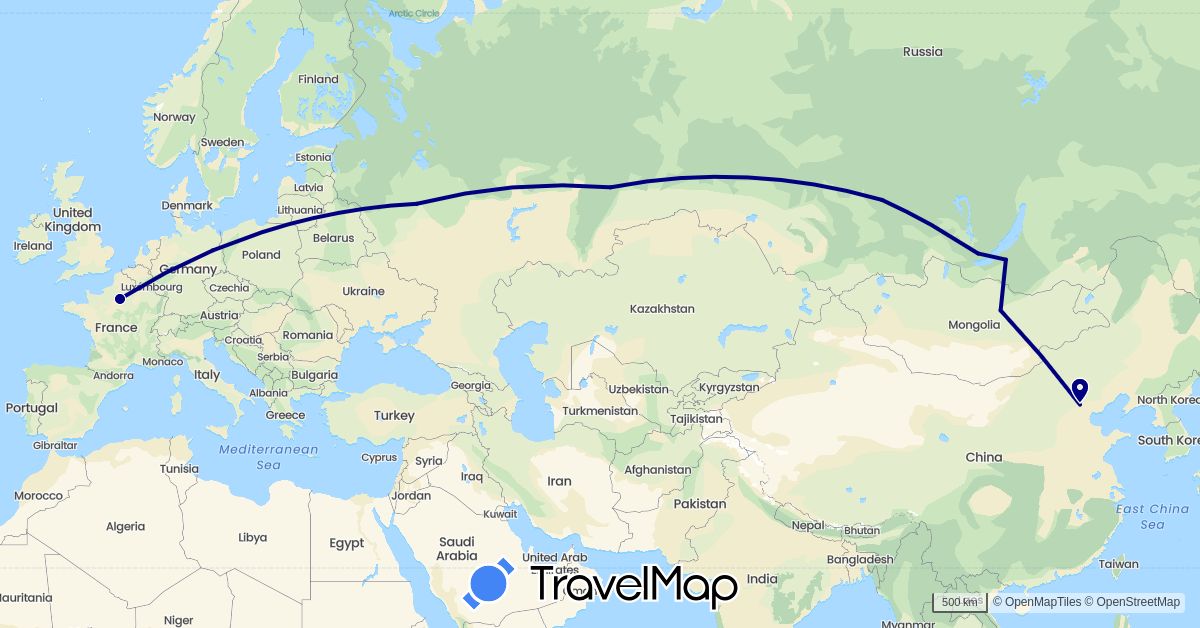 TravelMap itinerary: driving in China, Germany, France, Mongolia, Russia (Asia, Europe)